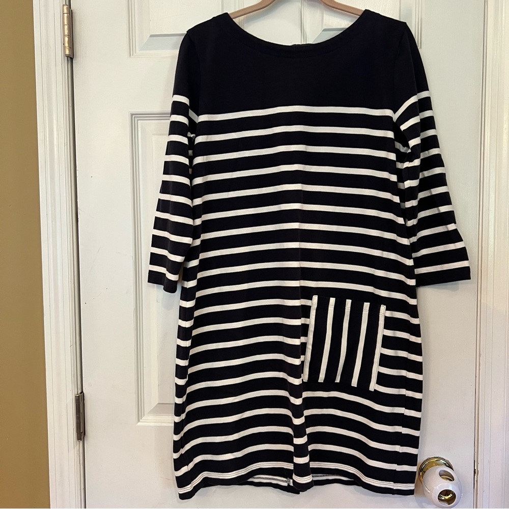 Garnet Hill Dress Striped Navy Blue Bijou Vtg Knit Organic Cotton Sz M Pocket